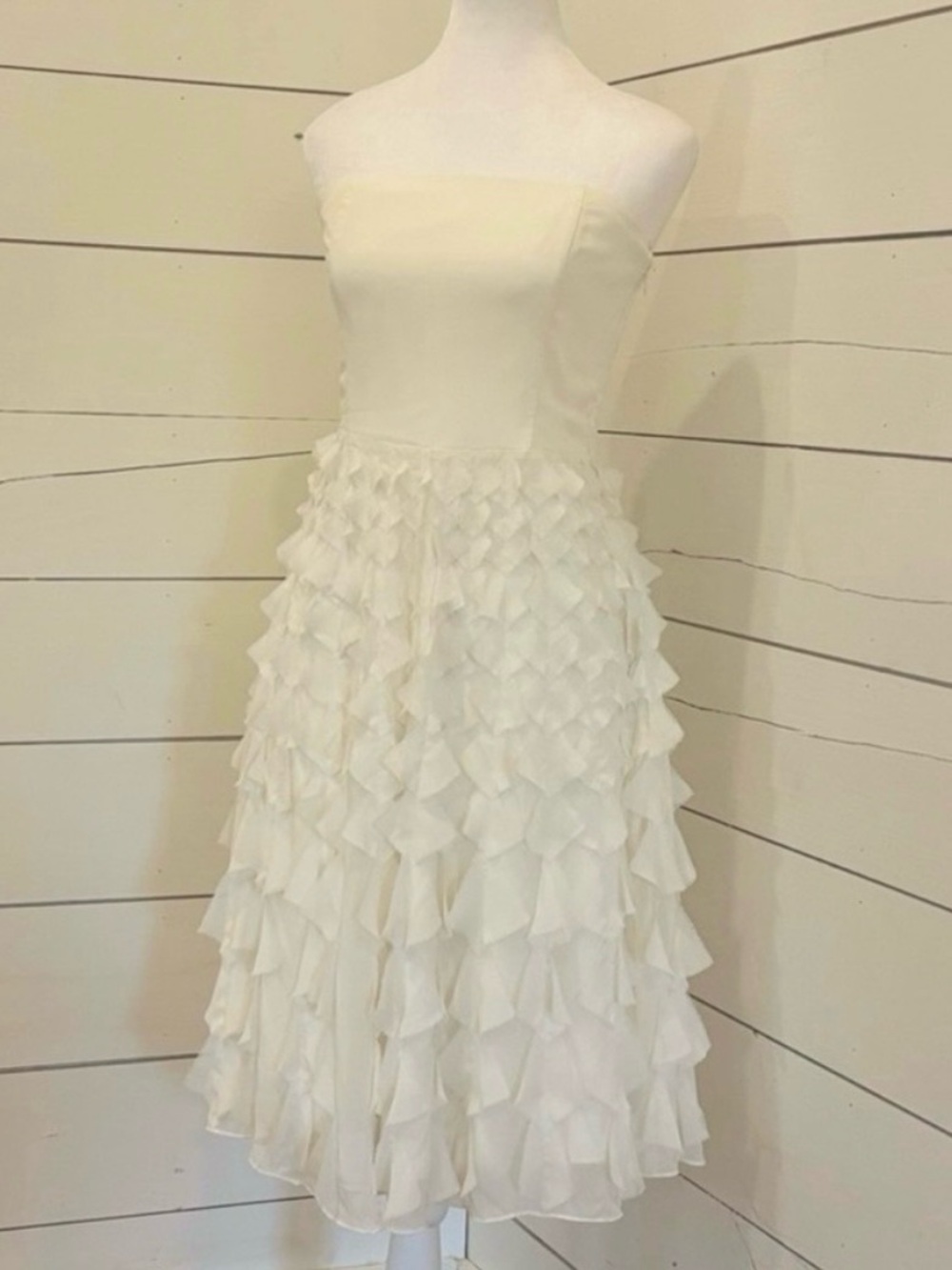 White House Black Market Cream Formal Strapless Ruffle Midi Dress Size 4